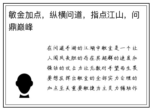 敏金加点，纵横问道，指点江山，问鼎巅峰